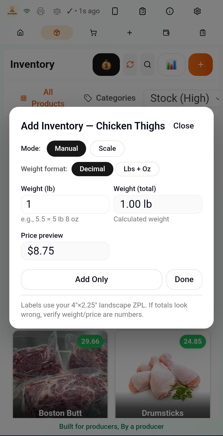 PurveyOS add inventory modal with manual and scale weight modes.