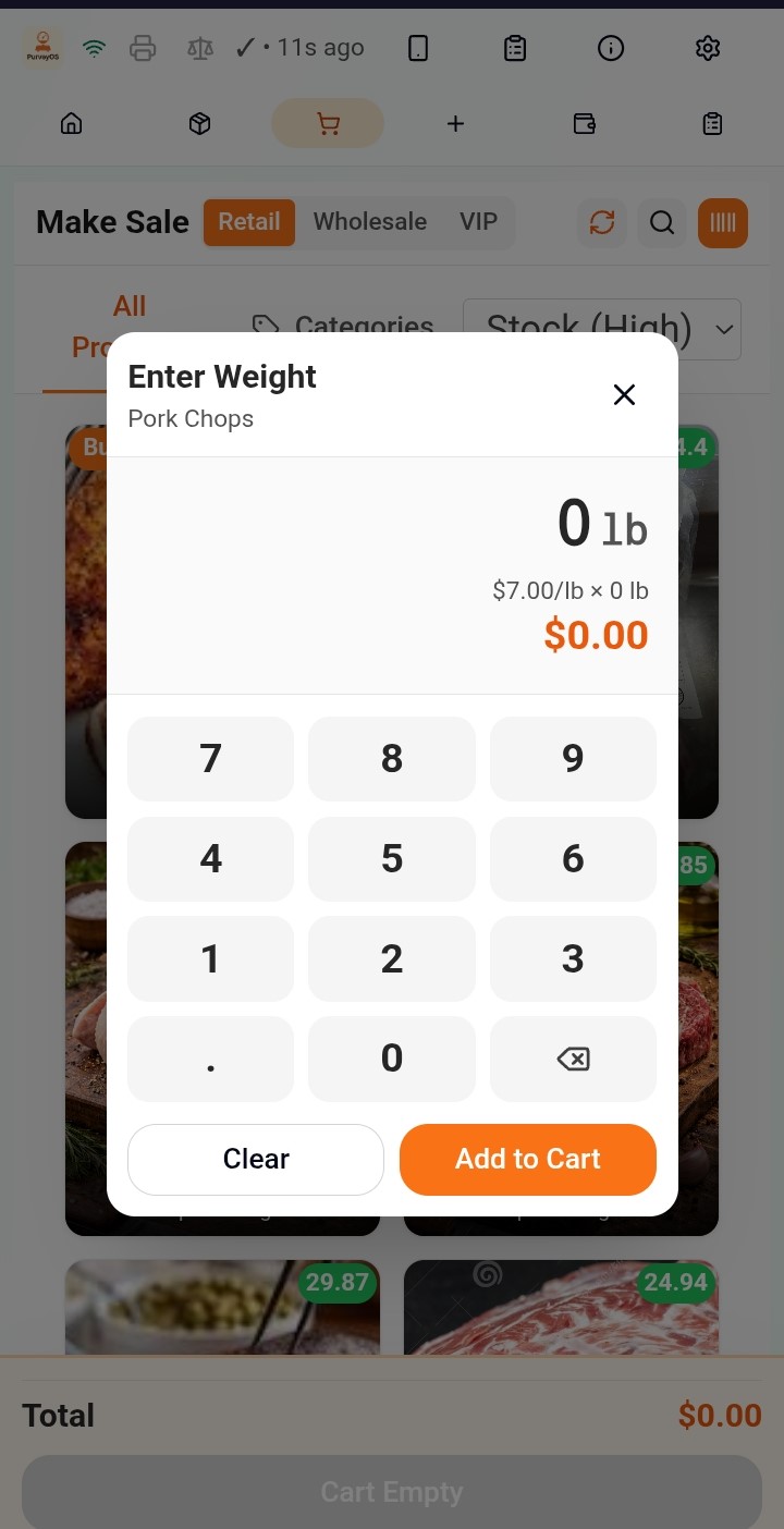 PurveyOS bulk weight entry modal for selling a custom product weight