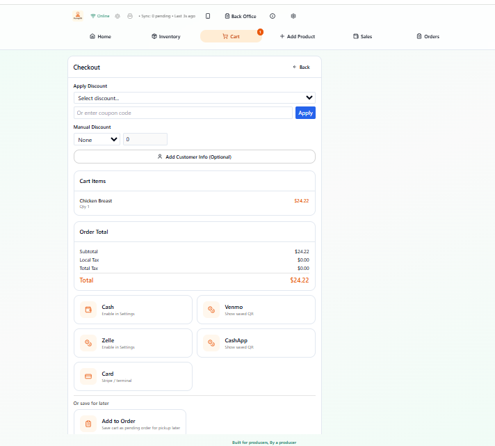 PurveyOS checkout payment methods including cash, Venmo, Zelle, Cash App, and Tap to Pay.