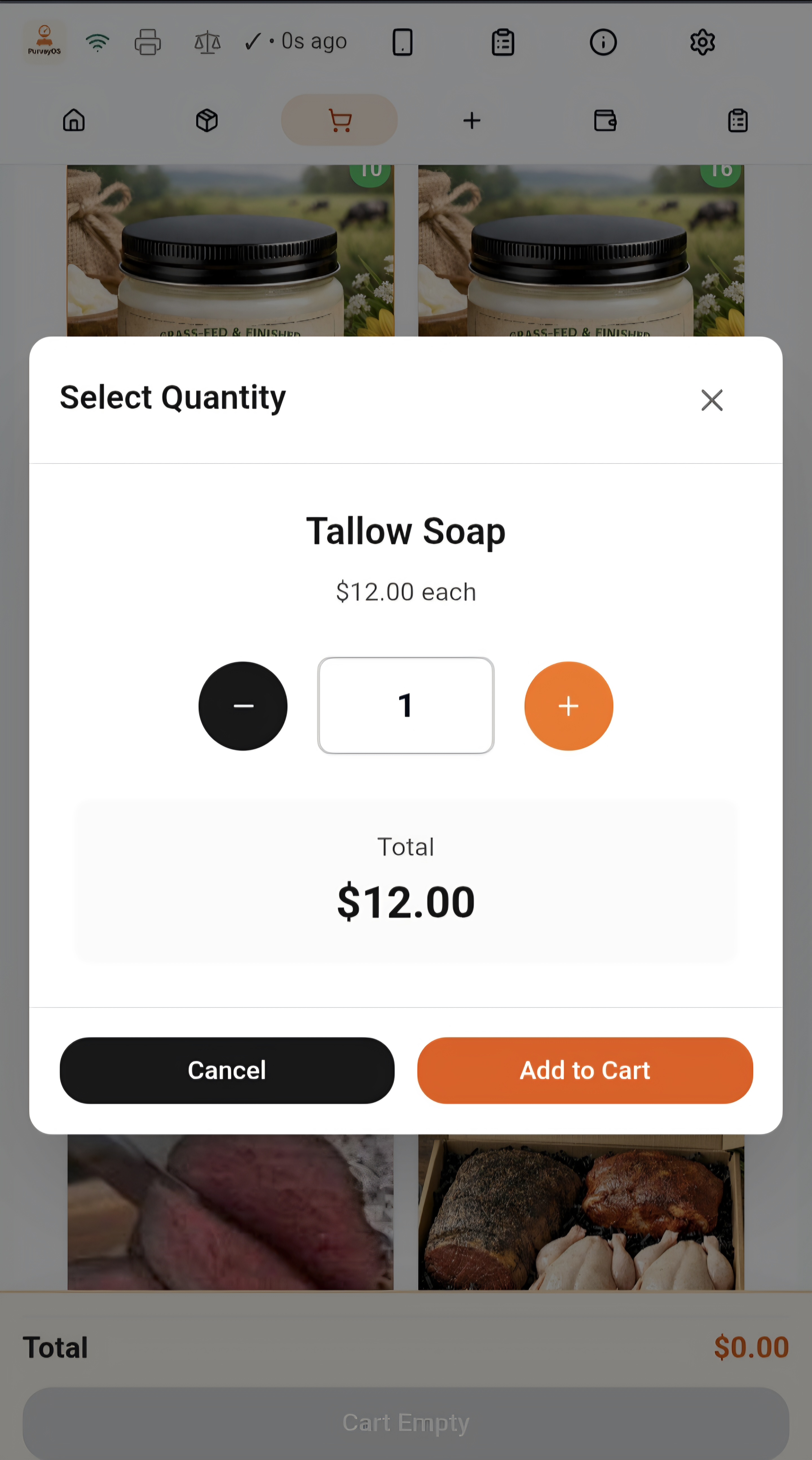 PurveyOS fixed-price quantity sales workflow.
