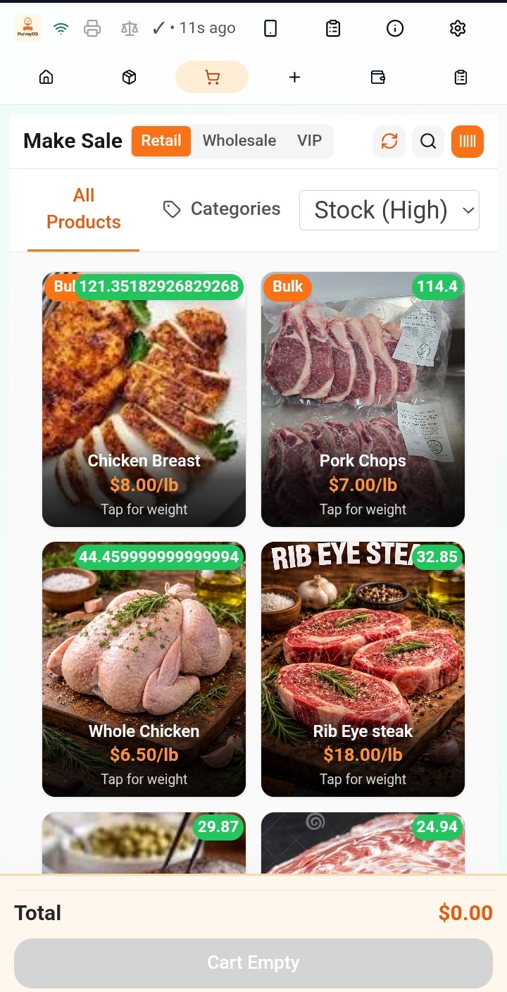 PurveyOS make sale screen showing bulk weight products and per-pound pricing