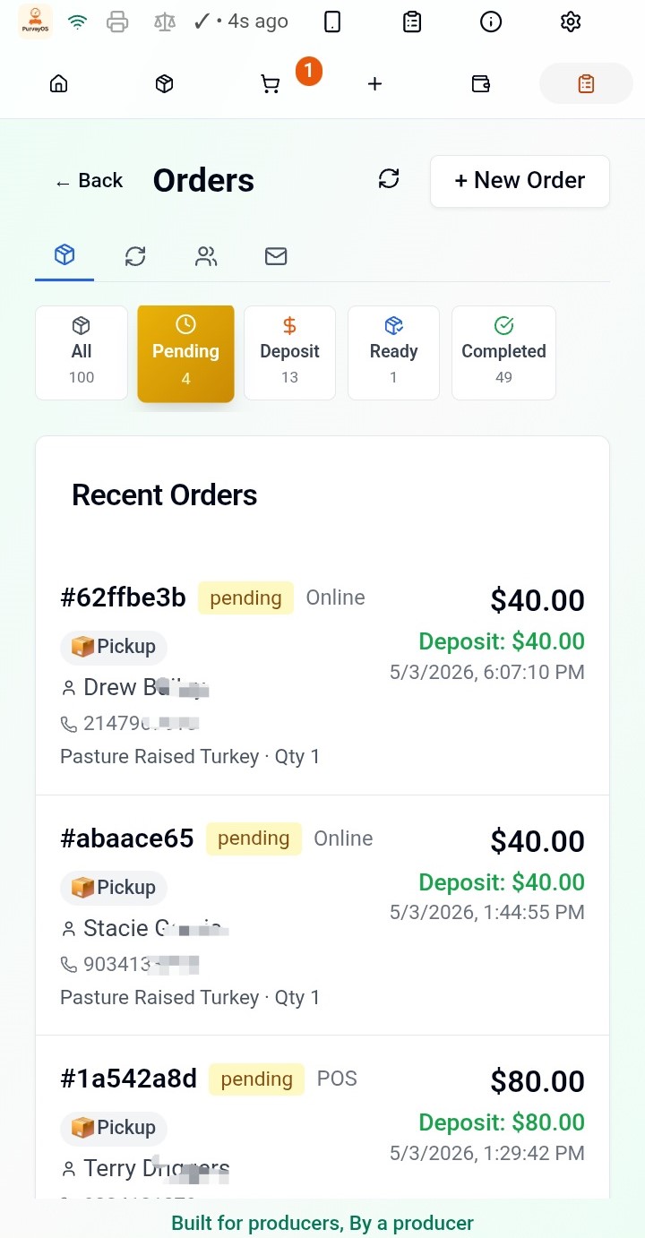 PurveyOS orders dashboard showing pending, deposit, ready, and completed orders