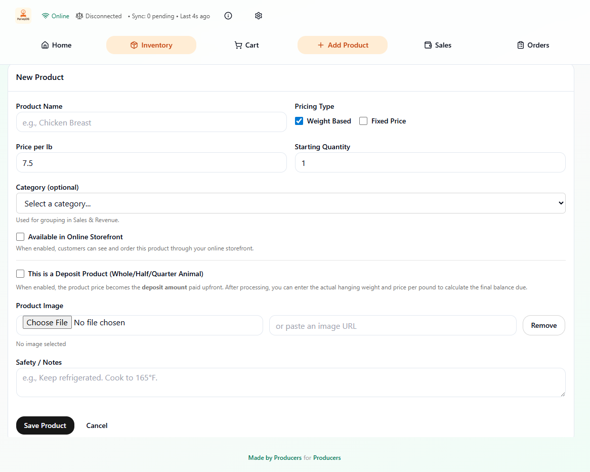 PurveyOS product setup screen