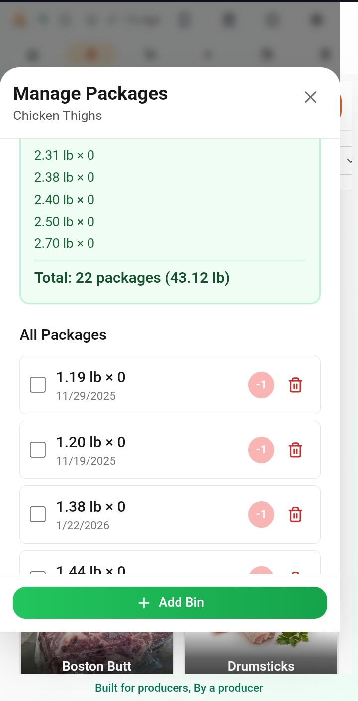 PurveyOS manage packages screen showing exact package bins by weight.