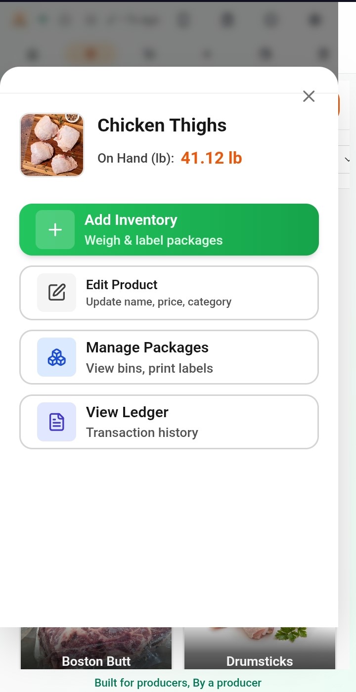 PurveyOS product workflow actions modal for adding inventory, managing packages, and viewing ledger history.